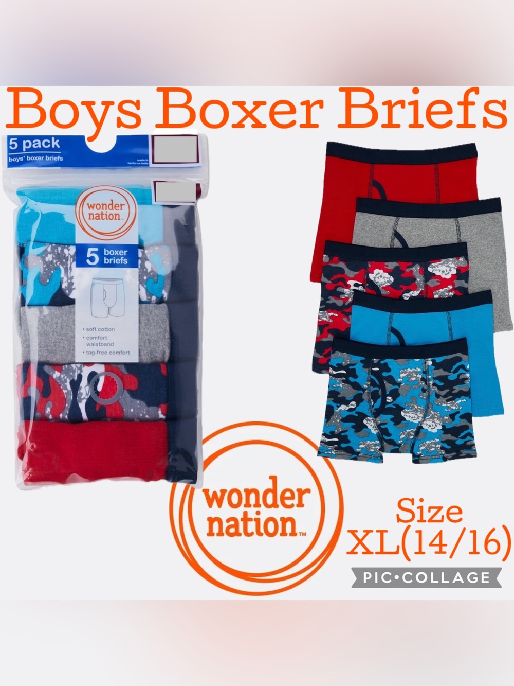 Wonder Nation Boys Cotton Boxer Brief Underwear 5-Pack Size XL(14/16) NEW